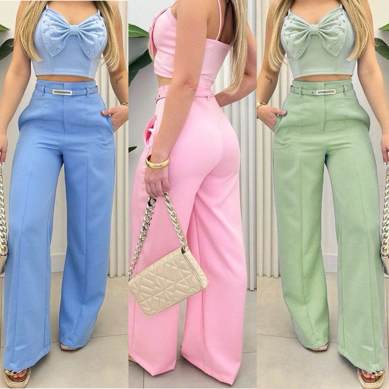 Calça Pantalona Feminina Alfaiataria Premium Social Com Cinto Luxo em Oferta na Shopee