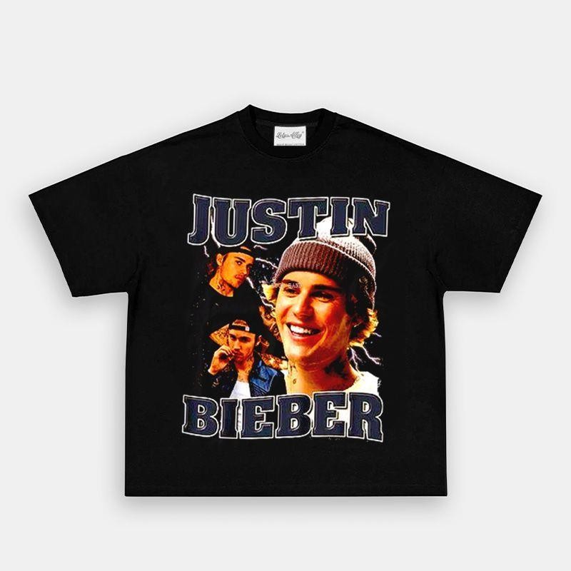 Camiseta Preta Unisex, Design com Imagens de Justin Bieber e Texto "JUSTIN BIEBER", Moda Urbana