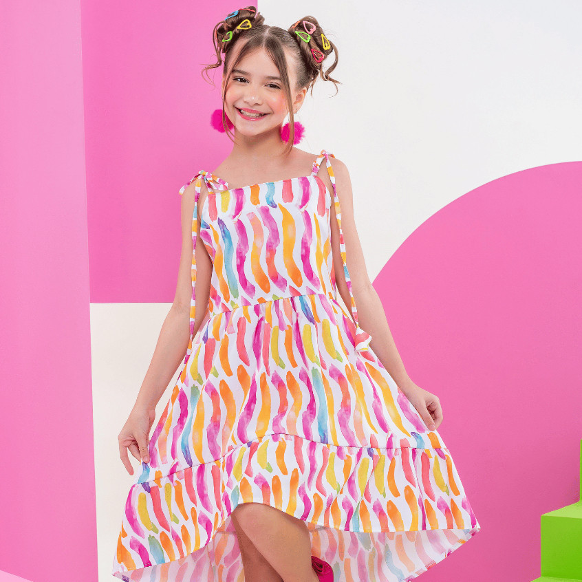 Vestido Infantil Menina Blogueirinha Colorido Midi Rodado Babado Festa Moda Feminino Diva Babado