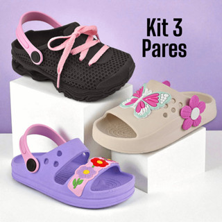 Kit 3 Pares Tênis Infantil Menina Confortável Sandália Macia e Chinelo Leve Antiderrapante em Oferta na Shopee