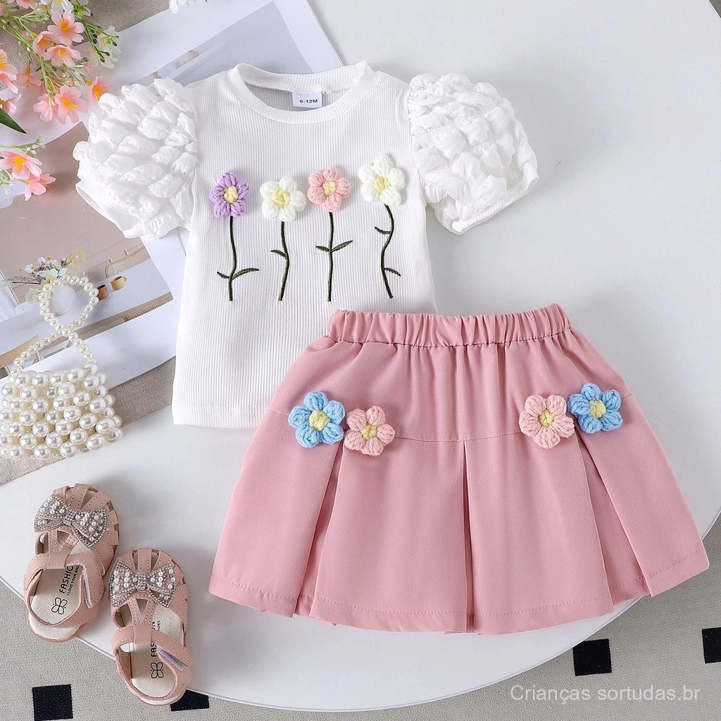 Conjunto de Saia Infantil de Verão para Crianças de 0-4 Anos, Camisa Bordada com Flores e Manga Bufante com Saia Curta C — imagem 1
