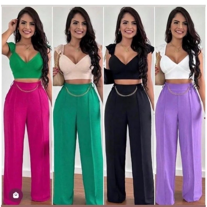 Calça Pantalona tecido duna com corrente