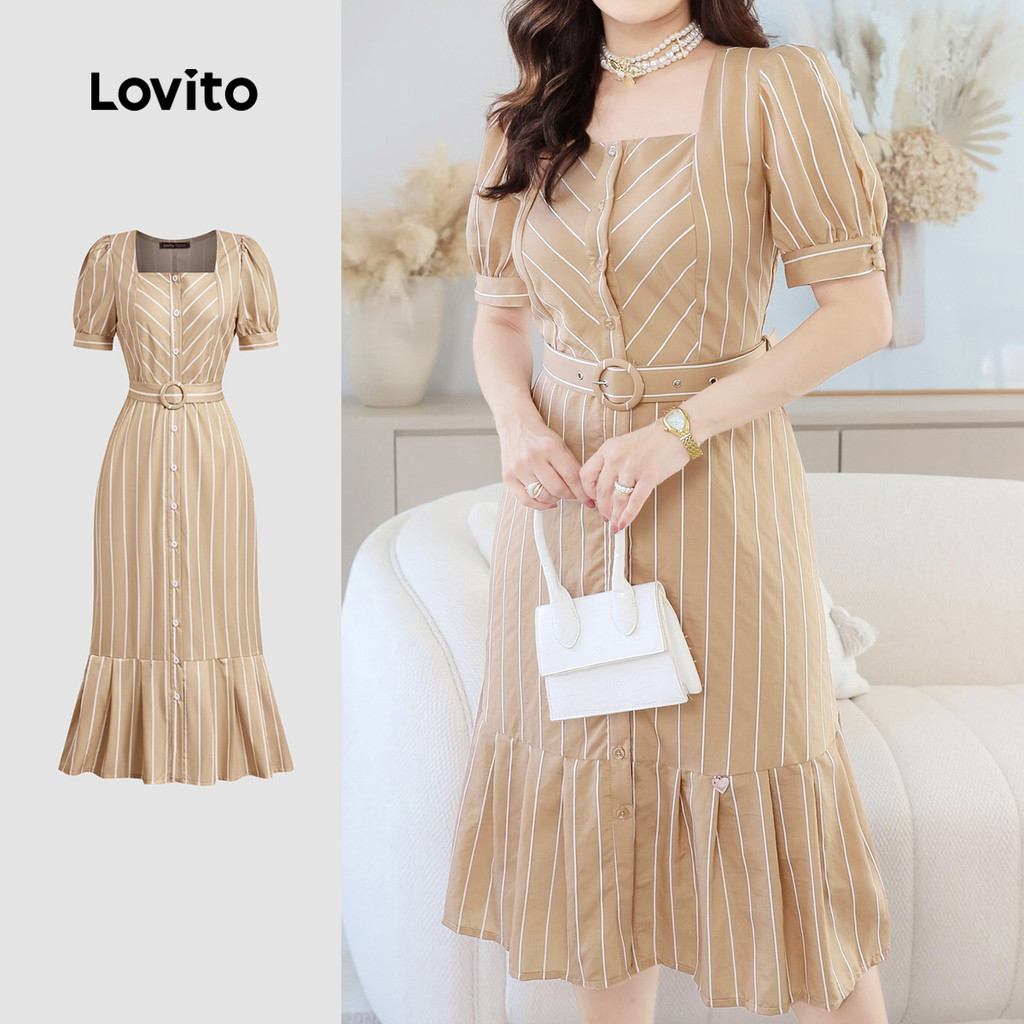 (NEW) Lovito Vestido Casual Geométrico de Primavera/verão Kaqui para mulheres L154ED175 em Oferta na Shopee