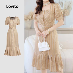 (Elegante) Lovito Vestido Geométrico de Primavera/verão Kaqui para mulheres L154ED175