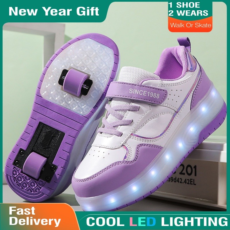 USB Recarregável Sapatos De Rolo Tênis Para Meninas Meninos Crianças Presente LED Light Up Rodas Patins Roxo Rosa Branco em Oferta na Shopee