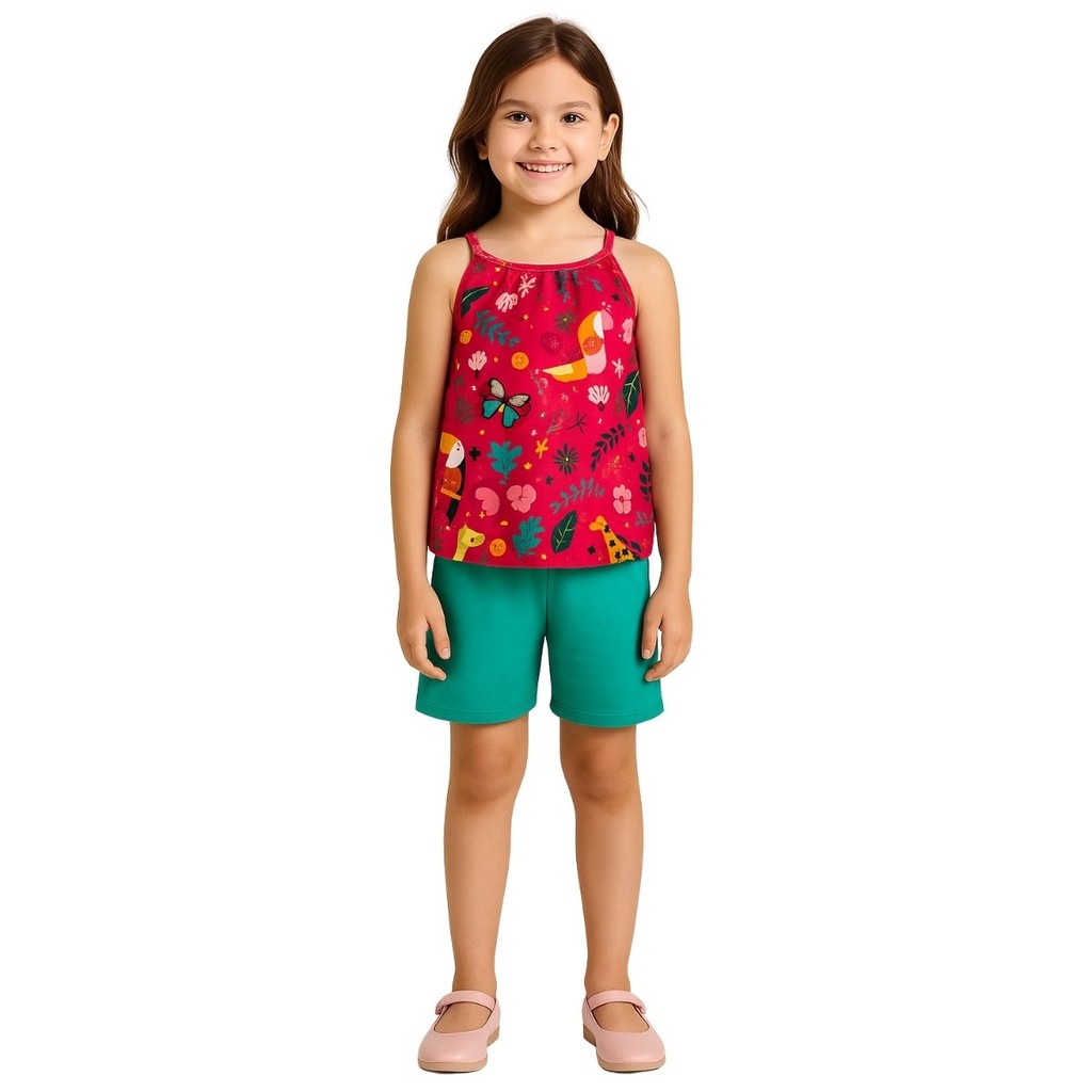 Detalhes do Conjunto Infantil Menina Verão Blusa Regata e Short Meia Malha Kyly 1001275