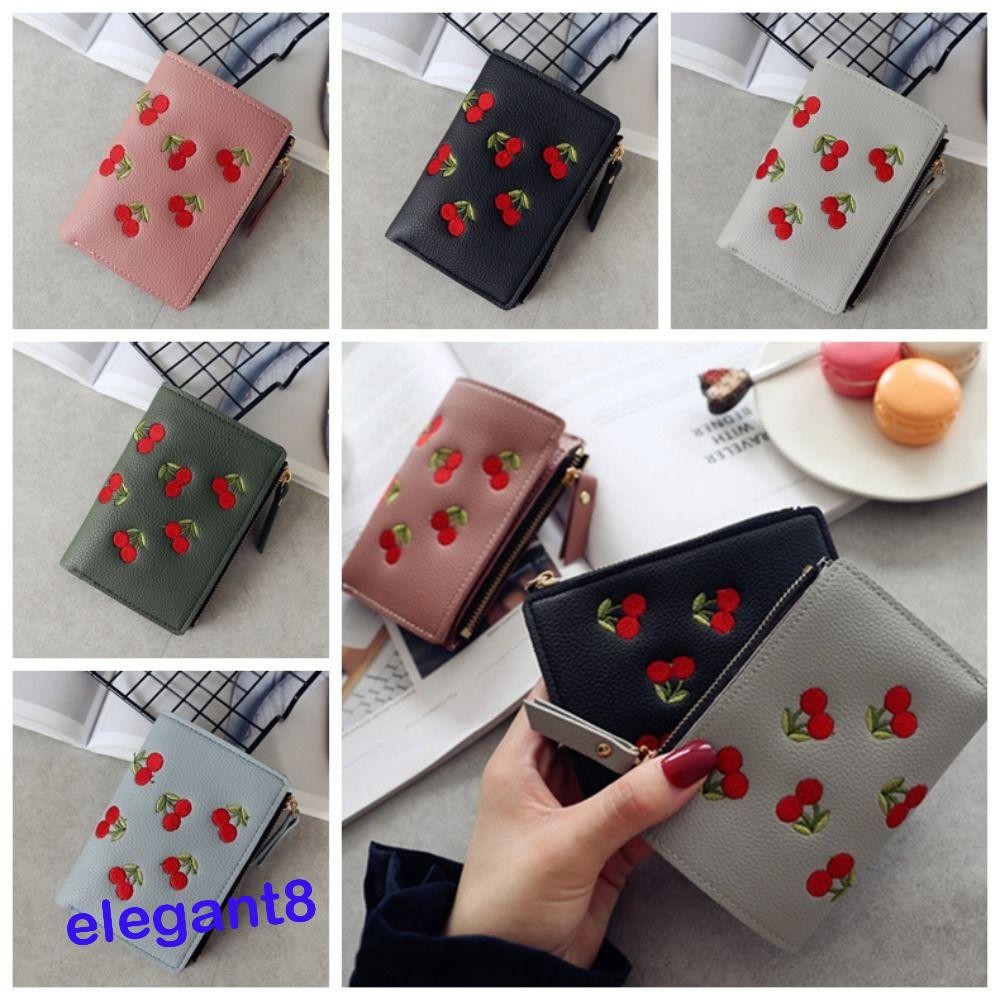 Carteiras Cereja Retrô Elegantes , Bolsa De Embreagem Curta Portátil De Couro PU Cartão Estilo Coreano Troca Com Zíper