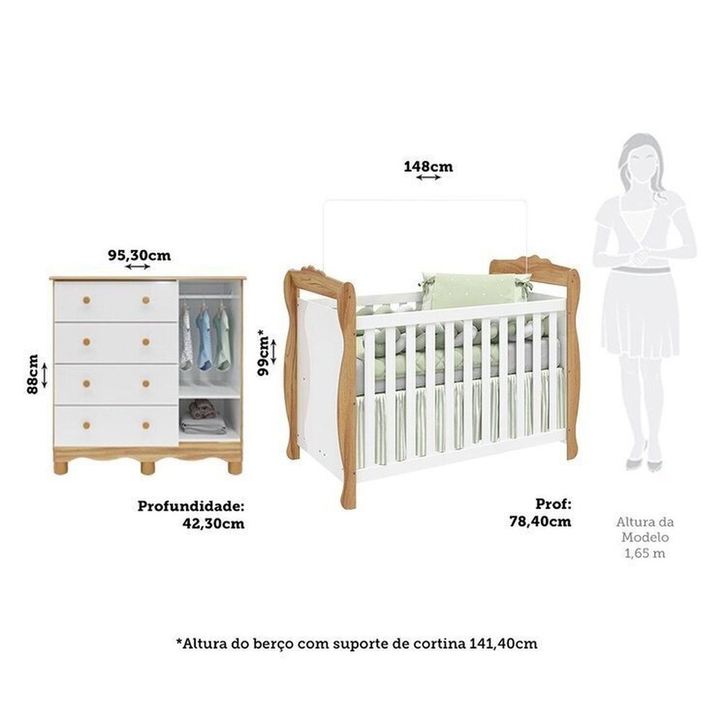 Detalhes do Quarto de Bebê com Cômoda Janelada e Berço Minicama 100% Mdf Aurora Espresso Móveis Branco Brilho/Amêndoa