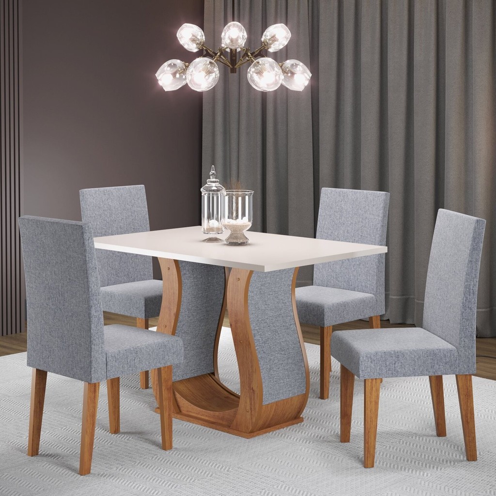 Mesa de Jantar Retangular Sala Criare 120x80cm com 4 Cadeiras Venus Off White/Mel/Prata