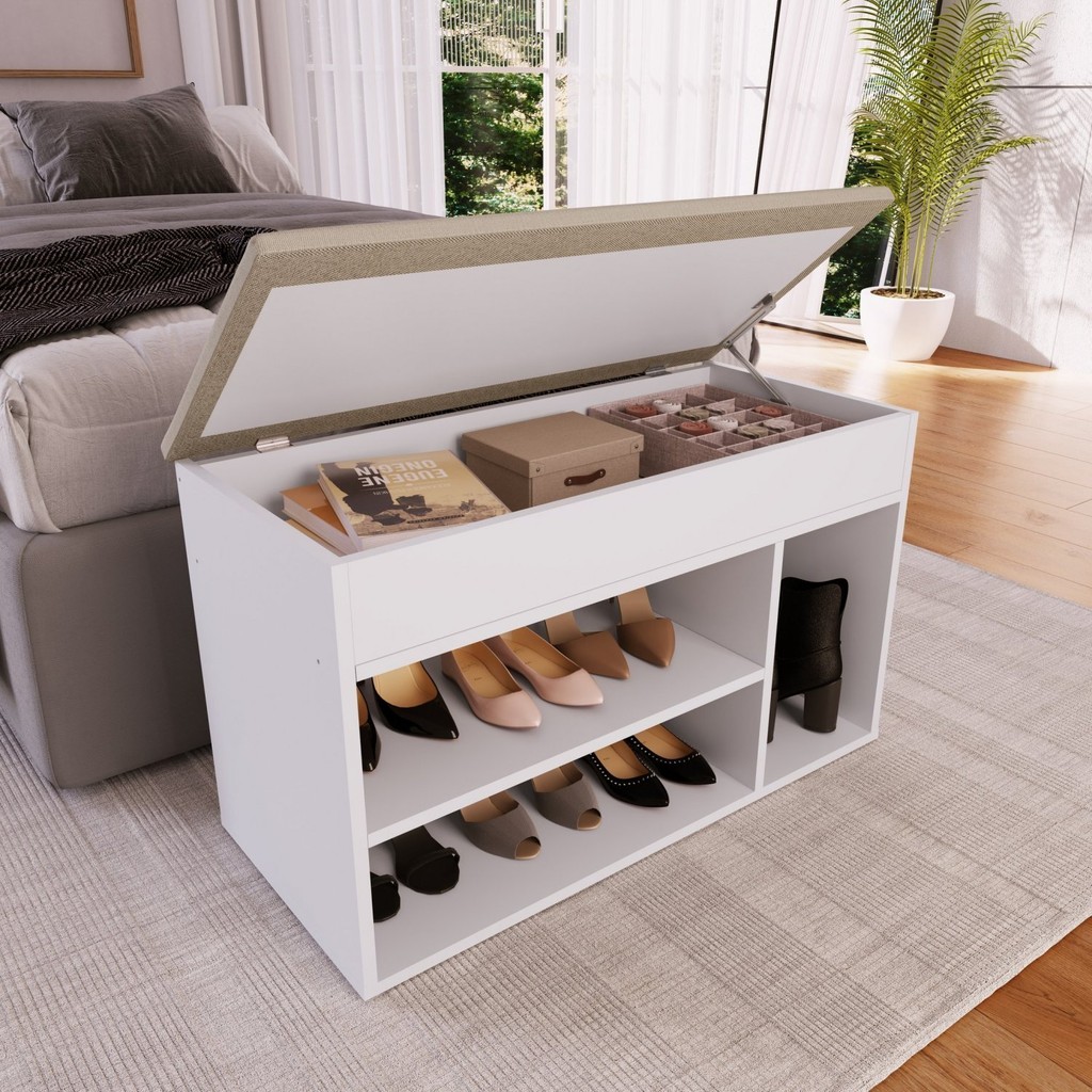 Sapateira Baú com Tampo Estofado  Branco em Oferta na Shopee