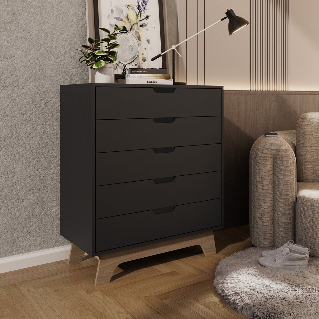 Cômoda para Quarto 5 Gavetas MDF Alice Preto/Louro Freijo em Oferta na Shopee