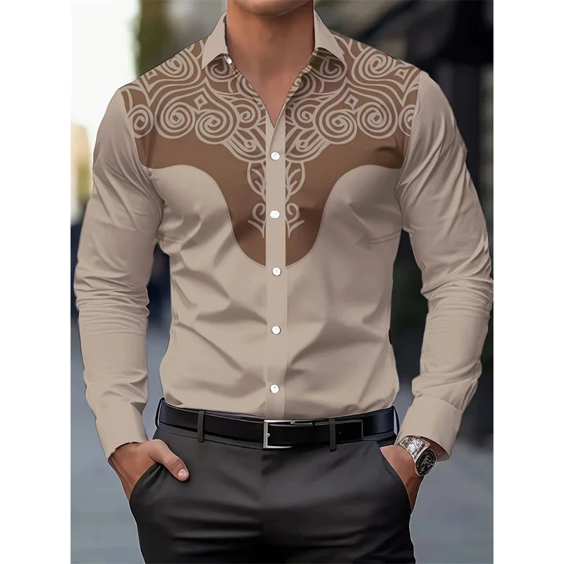 3D Vintage Impressão Masculina Casual Moda Camisa De Manga Longa Estilo Cowboy Ocidental Ao Ar Livre Rua Lapela