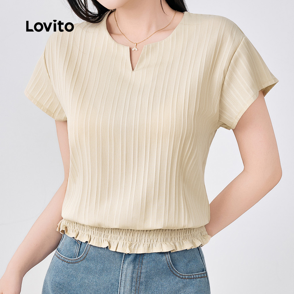 Lovito Casual Blusa com Pregas Primavera/Verão Blusa Bege Feminina L142ED932