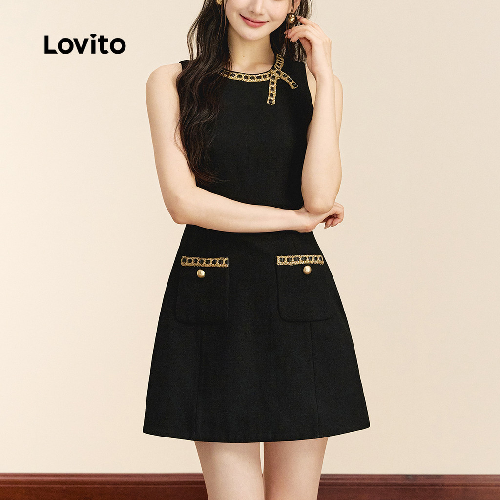 Detalhes do Lovito Vestido elegante com gola contrastante e bolso falso com costura em tecido para mulheres L132ED579