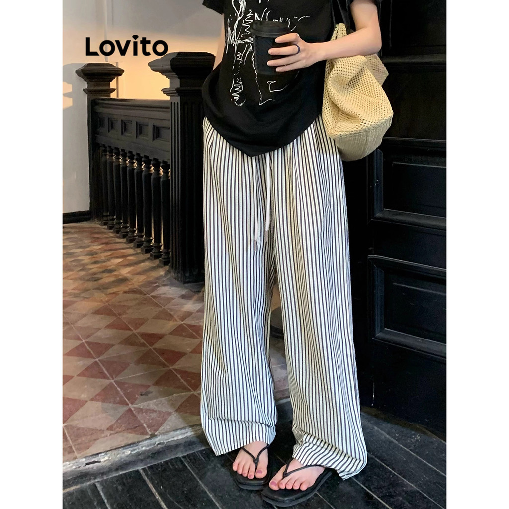Detalhes do Lovito Refine Calça Listrada Casual Feminina LNA21096 (Multicolorido)