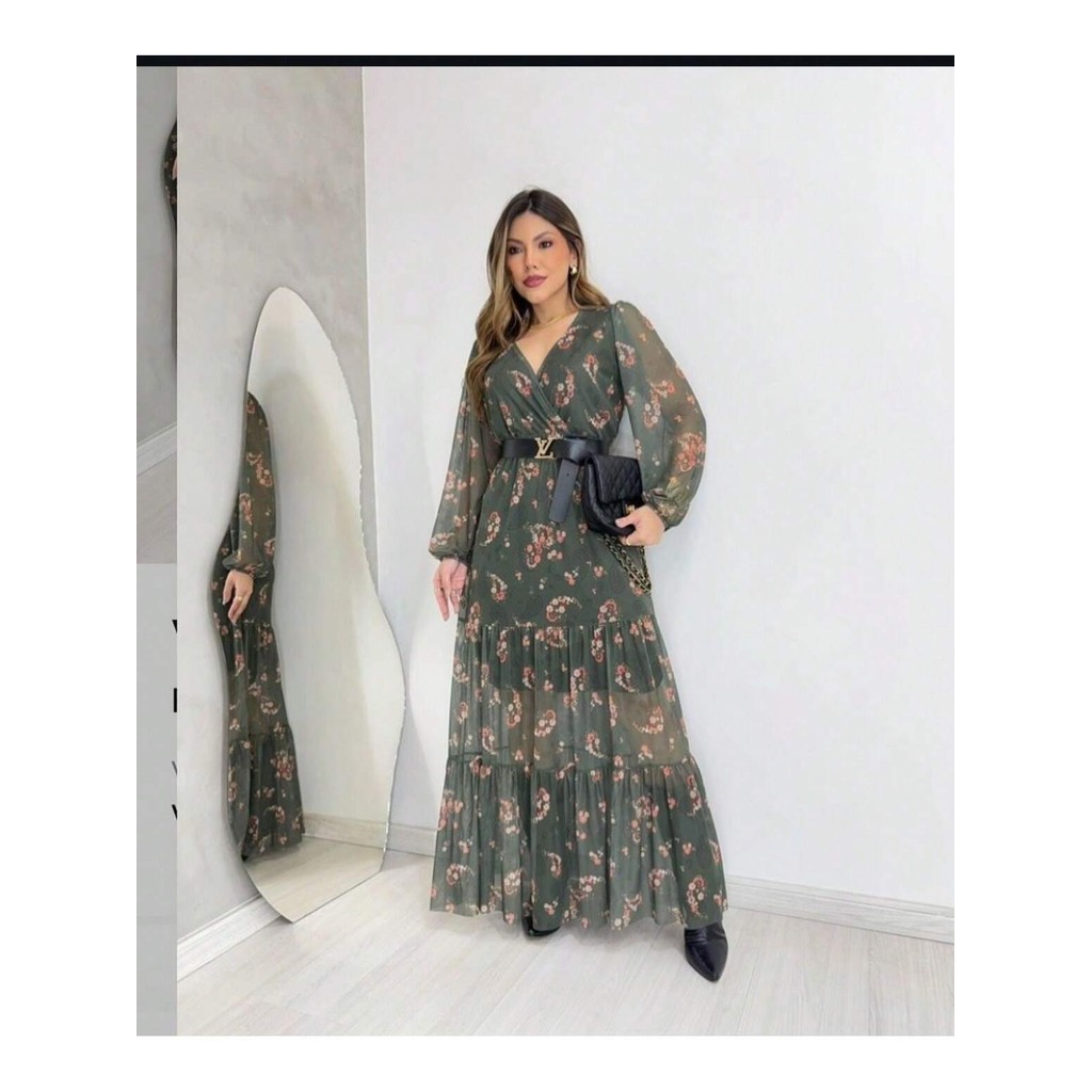 Vestido tule longo Antonella  Estampa total  Floral    Botões na frente  Com cinto  Cruzado