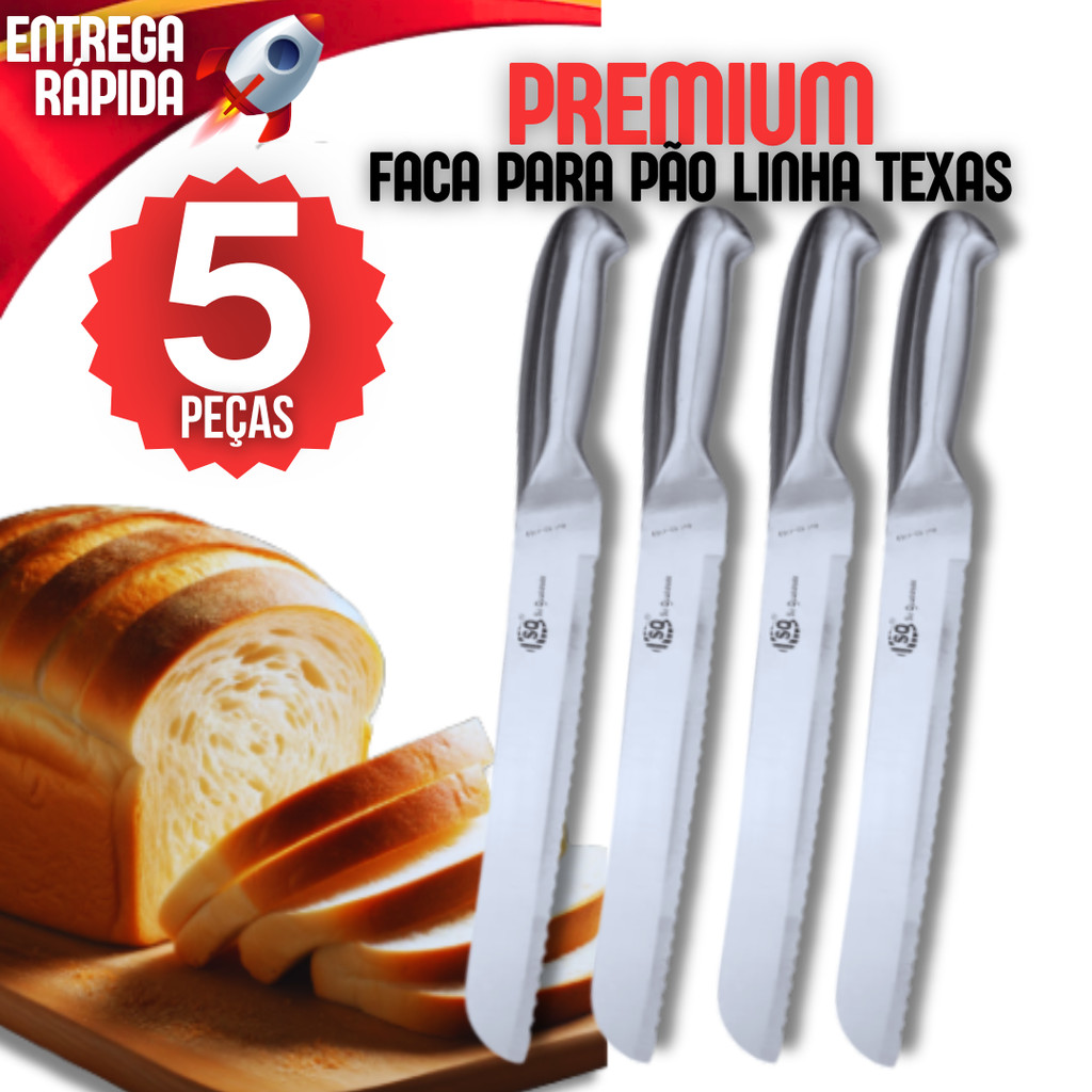 Kit 5 Faca de Pão Inox Cozinha Serra Serrilha Padeiro Padaria Bolo Torta Lamina Aço Inox Cabo Inox