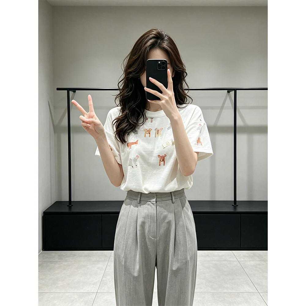 Q estilo coreano solto-pense de cintura estreita camiseta 2026 verão novo estilo diário Commuter solto-pense estiramento