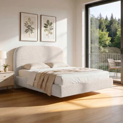 Cama Casal Flutuante Com Cabeceira 140cm Aura W01 Bouclê Creme - Lyam Decor