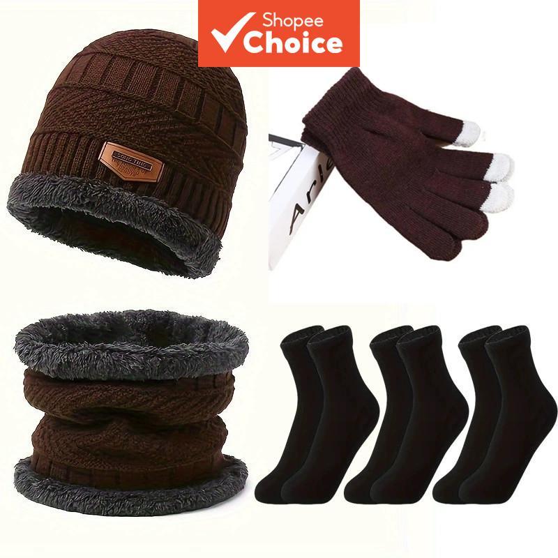 Conjunto De Luvas De Gorro De Inverno 5 Peças Cachecol De Malha Quente Forrado De Lã Para Adultos Ao Ar Livre