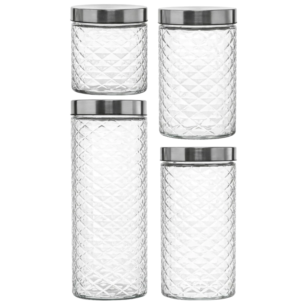 Kit Potes De Vidro Porta Mantimentos Tampa Em Aço Inox Relevo Diamante - Le Bianco — imagem 1