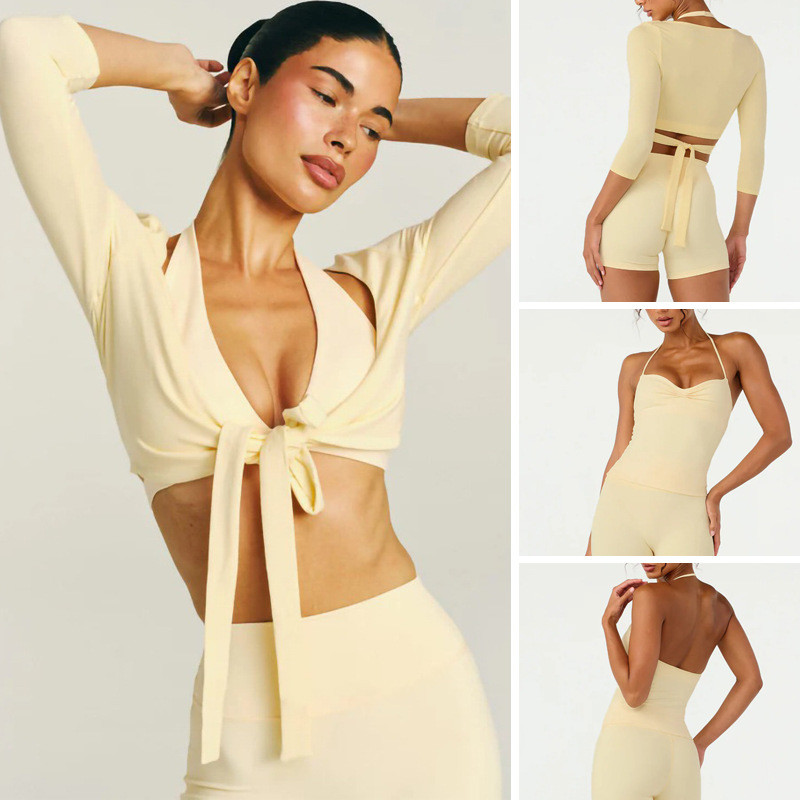 FitWild Conjunto De Ioga Amarelo Manteiga 7 Em 1 , Gravata Com Capa Frontal , Sutiã , Camisola , Shorts , Leggings Longa