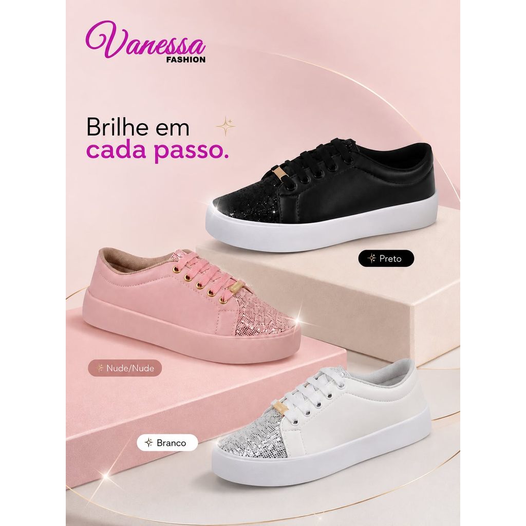 Tênis Sapatênis Feminino Ponta em Glitter  Macio e Super Confortavel Casual