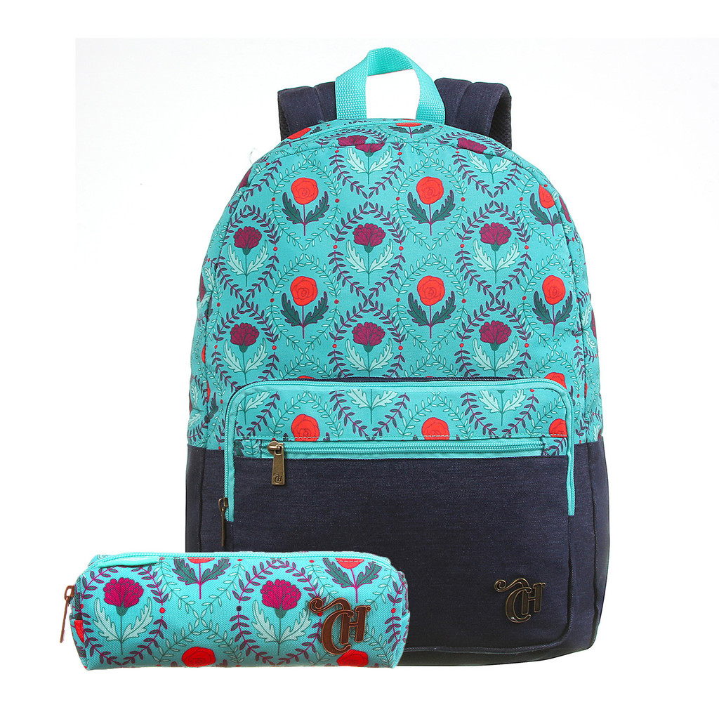 Kit Capricho Jeans Floral Mochila de Costas e Estojo Juvenil