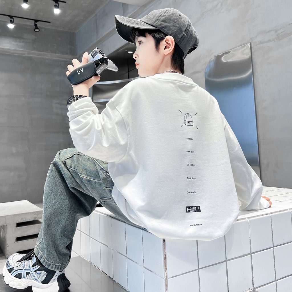 2025 novo estilo meninos puro algodão manga comprida camiseta médio grande crianças soltas em torno do pescoço camisa de