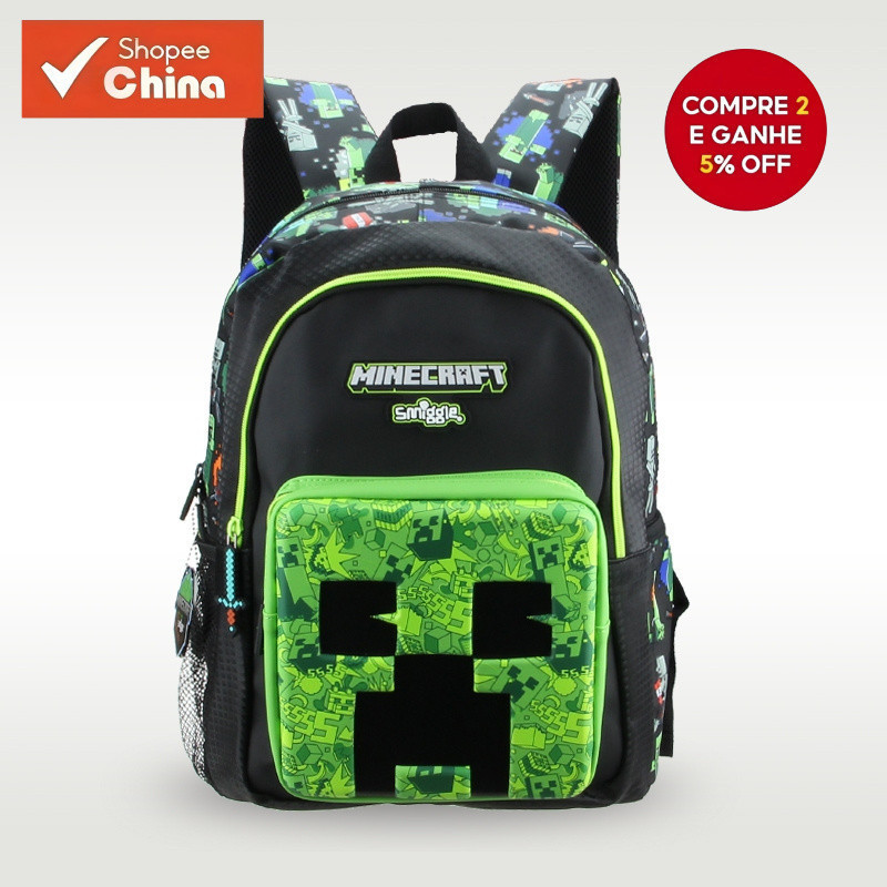 Mochila Escolar Infantil para Meninos, Preta e Verde Brilhante, Minecraft, Coolie Tem Tem Afraid, Material Escolar AO HN