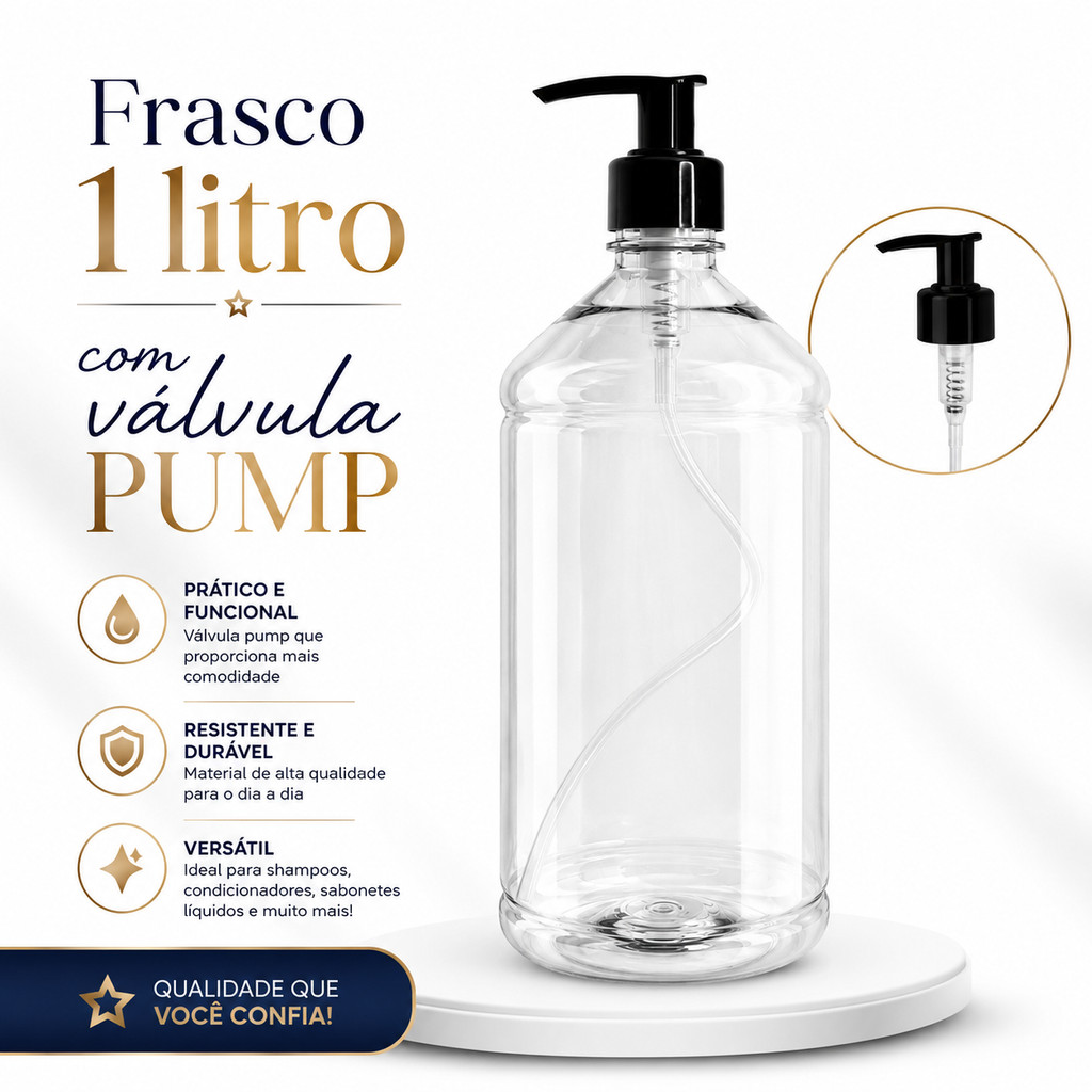 Frasco PET 1L com Válvula Dosadora Pump Preta para Produtos de Limpeza e Cosméticos
