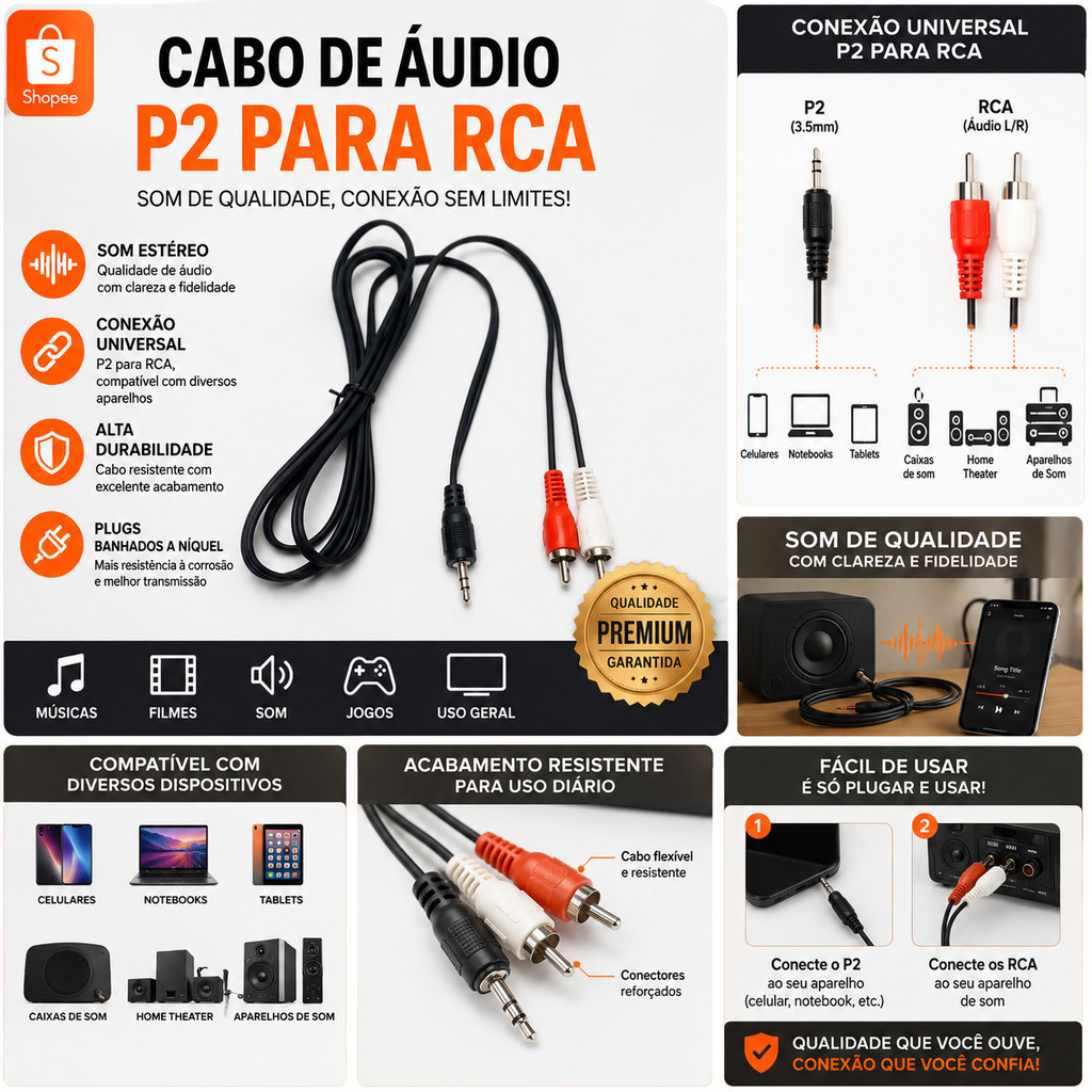 Cabo P2 X 2 Rca de Áudio Estéreo / Auxiliar 1.50m P/ Tv / Home Theater Entrega Rapida