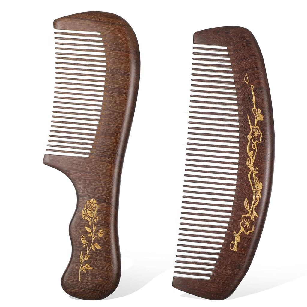 Thinp 2 Peças de Pentes de Madeira, Conjunto de Pentes de Sândalo Antiestáticos para Desembaraçar, Pentes de Bambu com D