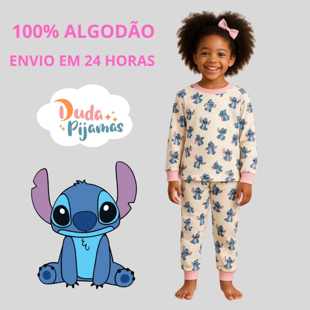Pijama Infantil Menina Lilo  Stitch  Algodão Personagem Conjunto Meia Estação Verão Malha