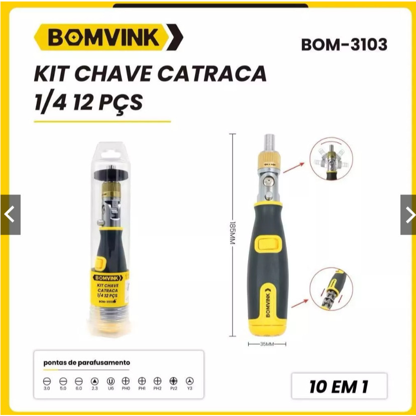 Kit Chave Catraca Reversível Articulada 1/4 BOMVINK 12 Peças com 10 Bits Fenda Phillips Pozidriv Tri Wing U para Reparos