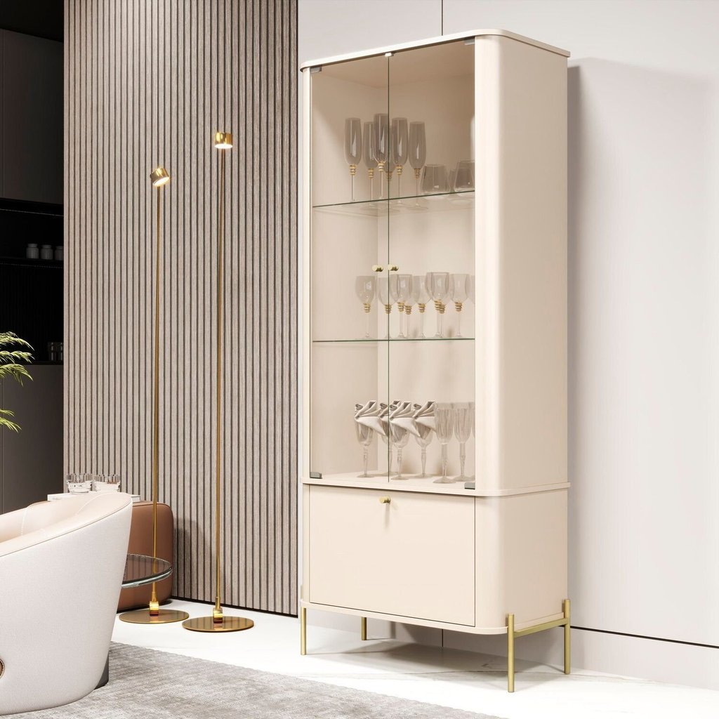 Cristaleira Curva Portas de Vidro Pés em Metal 100% MDF 180CMX76CM Tucupi Off White/Dourado Off White/Dourado