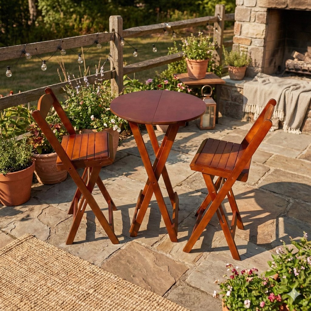 Conjunto Mesa Bistrô Dobrável com 2 Banquetas de Madeira Maciça Mel Marrom