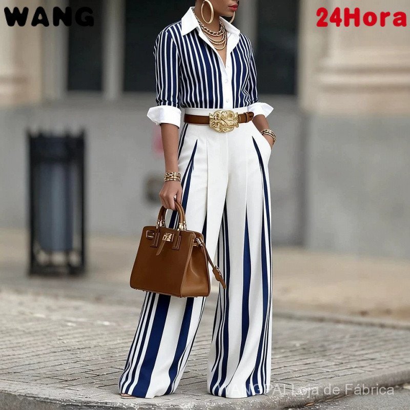 Conjunto de Duas Peças Feminino: Blusa Listrada Solta + Calças de Corte Reto