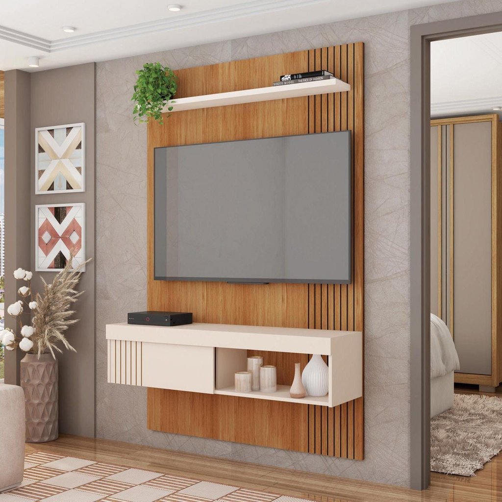 Painel Ripado para TV até 50 Polegadas 119,5cmx183cm Moon Marrom Freijó/Off Whit