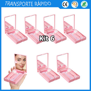 6x Rosa Pincel de maquiagem de viagem mini estojo espelho dobrável pincel de maquiagem portátil espelho de bolso