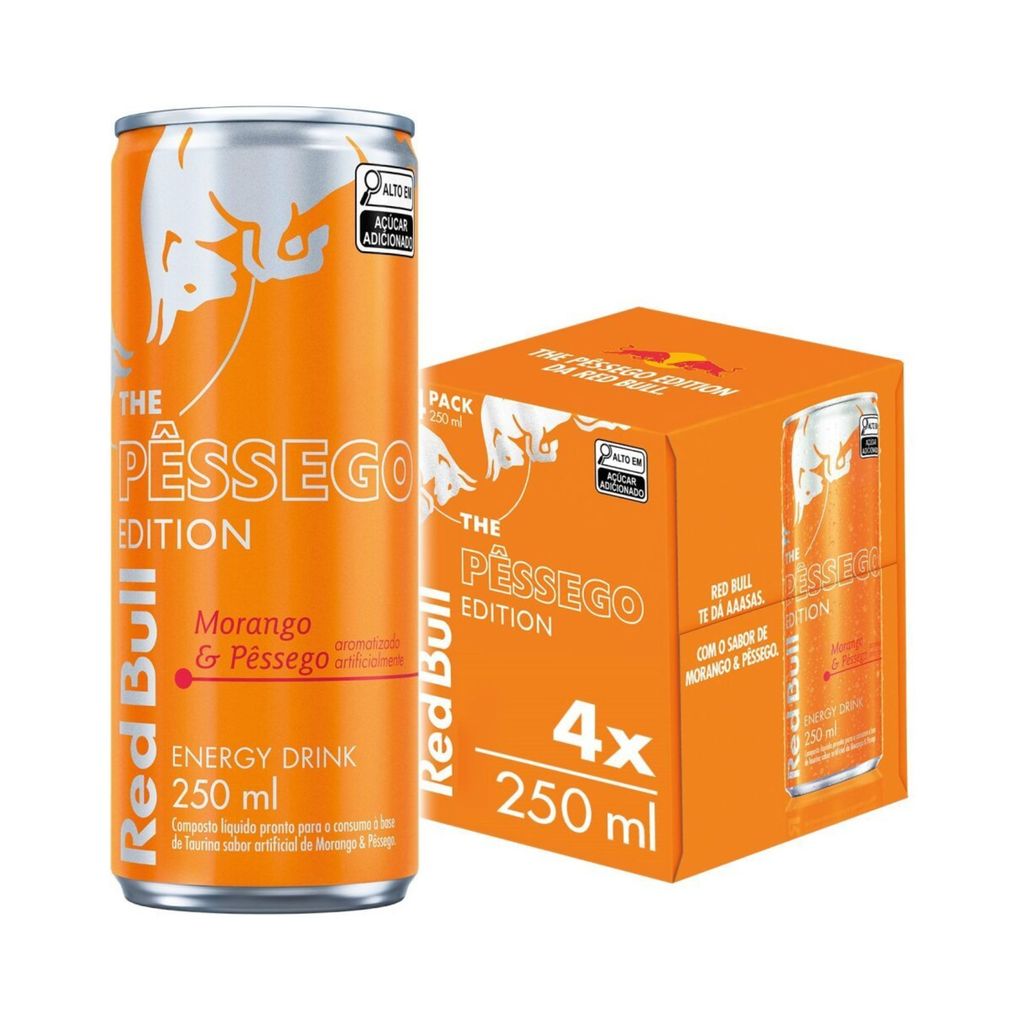 Pack de 4 latas, Red Bull Energético, Morango e Pêssego, 250ml