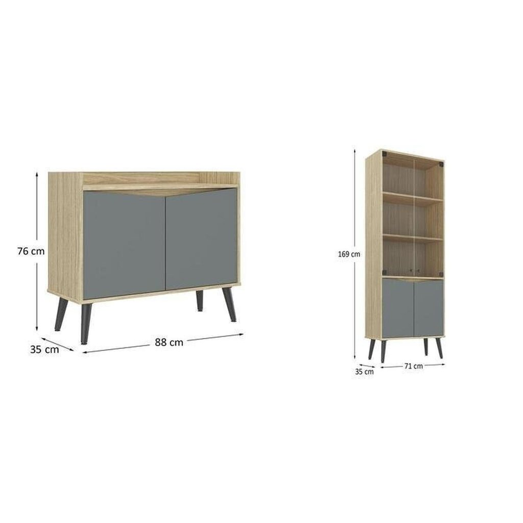 Buffet Aparador 2 Portas Retrô 88cm e Cristaleira Cinza/Amendoa/Acqua