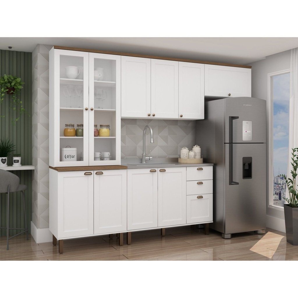 Cozinha Completa Modulada com Cristaleira 100% MDF Iluminata Branco/Ébano Branco/Ébano
