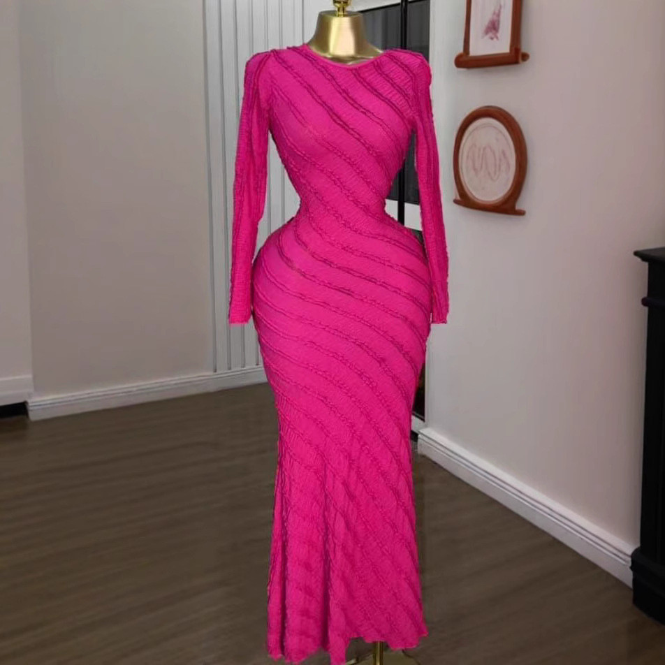 Vestido Feminino Emagrecedor Com Gola Redonda E Manga Comprida Cintura Alta