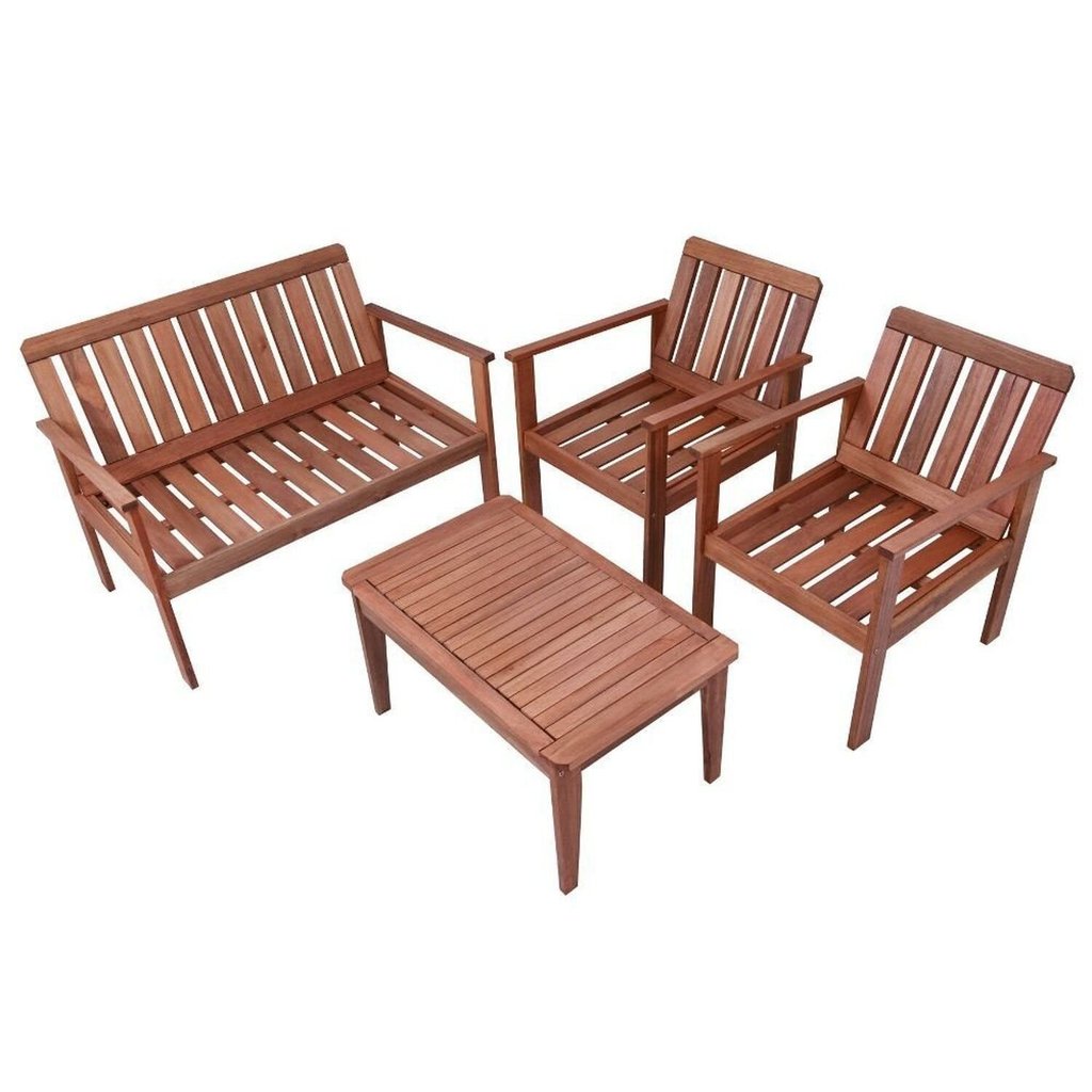 Conjunto para Jardim com 1 Sofá 2 Poltronas 1 Mesa de Centro Madeira Maciça Marrom Natural