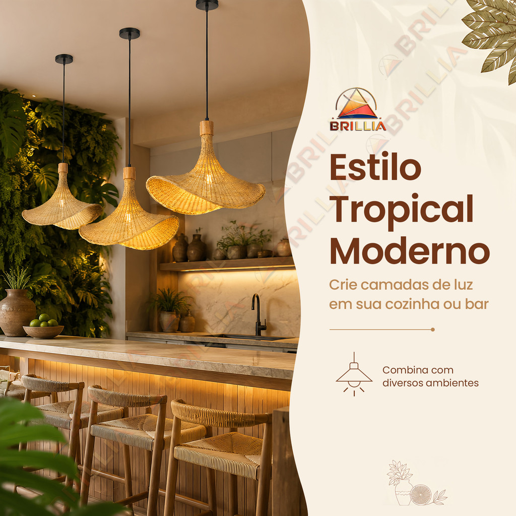 Luminária de Teto Rattan Natural Bambu Artesanal Decoração Boho Sala Quarto Varanda Gourmet E27 — imagem 2 de 2