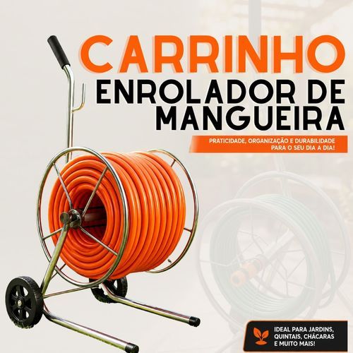Carrinho Enrolador Jardim Suporte Mangueira 50 Metros em Metal