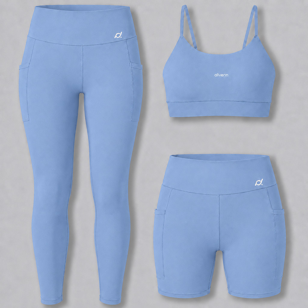 Kit Conjunto Fitness Feminino Top Alça + Shorts Bolso + Calça Legging Zero Transparencia Academia Proteção UV50+