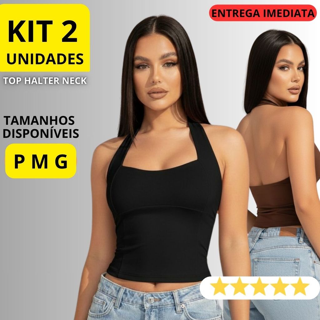 KIT 2 Blusa Feminina Top Halter Frente Única Costas Nuas Cropped Halter Neck Verão Tendência