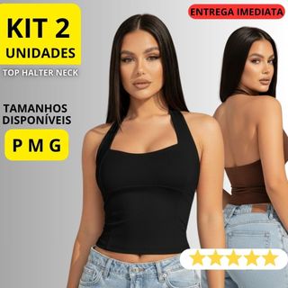 KIT 2 Blusa Feminina Top Halter Frente Única Costas Nuas Cropped Halter Neck Verão Tendên…